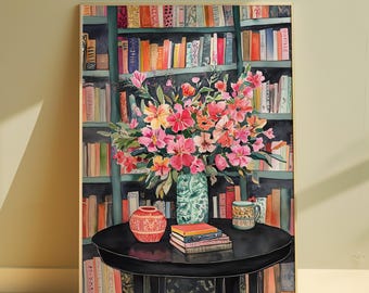 Cozy Book Lover Wall Art Botanical Watercolor Painting For Living Room Print Floral Wall Decor Library Artwork Aesthetic Printable Retro Art