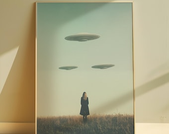 Surreal Sci Fi Landscape Poster Printable UFO Print Alien Wall Art Surreal Wal Decor Photography Retro Digital Art Alien Abduction Print