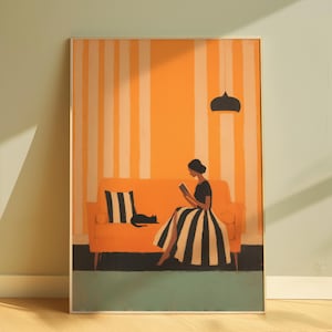Modern Minimalist Woman Reading Print Cozy Reading Nook Wall Art Printable Black Cat Art Bold Stripe Interior Decor Book Lover Gift