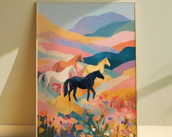 Colorful Horse Wall Art Print Western Hand Drawn Painting Pastel Animal Print Abstract Floral Field Print Vibrant Nature Illustration