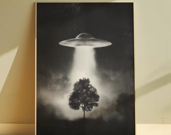 UFO Poster Black and White Wall Art Alien Spaceship Abduction Print Surreal Sci-Fi Home Decor Outer Space UFO Lovers Gift Digital Download