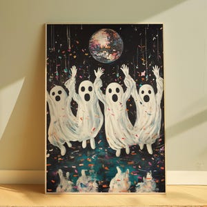Póster de Halloween con diseño de fantasmas, bola de discoteca, decoración de pared espeluznante, impresión de moda de Halloween, póster estético imprimible para decoración de pared de Halloween imagen 1