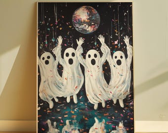 ゴーストウォールアート ハロウィンポスター ディスコボールプリント 不気味な壁飾り ハロウィン トレンディプリント 印刷可能なハロウィン壁飾り 美的ポスター