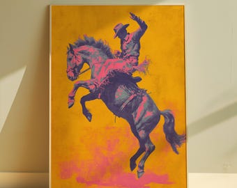 Retro Cowboy Wall Art Print Vibrant Rodeo Poster Wild West Wall Decor Printable Cowboy Riding Horse Artwork Rustic Wall Print Aesthetic