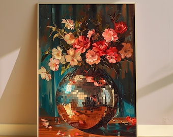 Vintage Disco Ball Wall Art Printable – Floral Vase Botanical Painting, Retro Aesthetic Poster, Disco Ball Decor