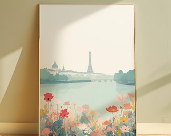 Paris Floral Landscape Art Print – Eiffel Tower Wall Art, Paris Illustration, Spring Flowers Decor, Pastel French Art, Digital Download