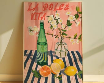 Impressão de La Dolce Vita desenhada à mão Arte de parede de cozinha Cartaz italiano Pintura de bar Pintura de cozinha Pintura italiana Carrinho de bar Impressão estética digital