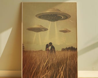 Last Kiss UFO Wall Art Flying Saucer Poster Surreal Wall Art Alien Abduction Retro UFO Poster Aesthetic Wall Decor Sci Fi Printable Poster