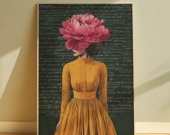 Vintage Botanical Print Flower Face Print Girly Wall Art Vintage Poster Aesthetic Flower Head Art Botanical Poster Woman Print Gallery Art