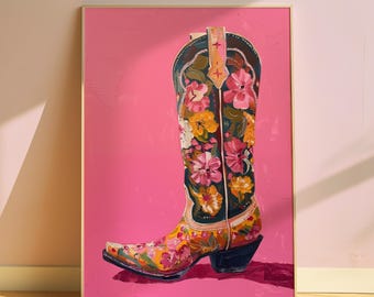 Floral Cowboy Boots Print, Pink Cowgirl Western Art (Digital Download)
