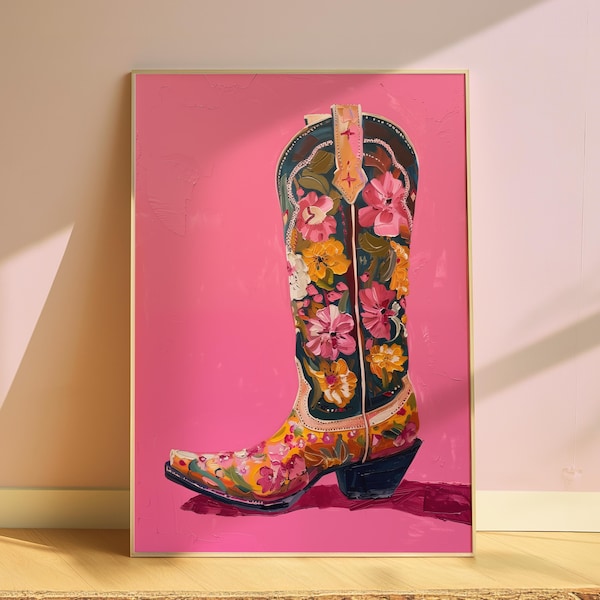 Floral Cowboy Boots Print, Pink Cowgirl Western Art (Digital Download)