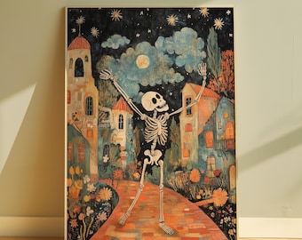 Vintage Halloween Skeleton Poster, Spooky Gallery Wall Art (Digital Print)