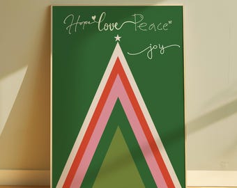 Hope Love Peace Joy Christmas Tree Wall Art | Modern Minimalist Holiday Printable | Colorful Christmas Decor | Inspirational Holiday Poster