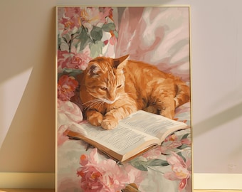 Muurkunst lezende kat • Oranje kattenprint • Gezellig vintage bloemendecor • Boekenliefhebber cadeau • Digitale download illustratie
