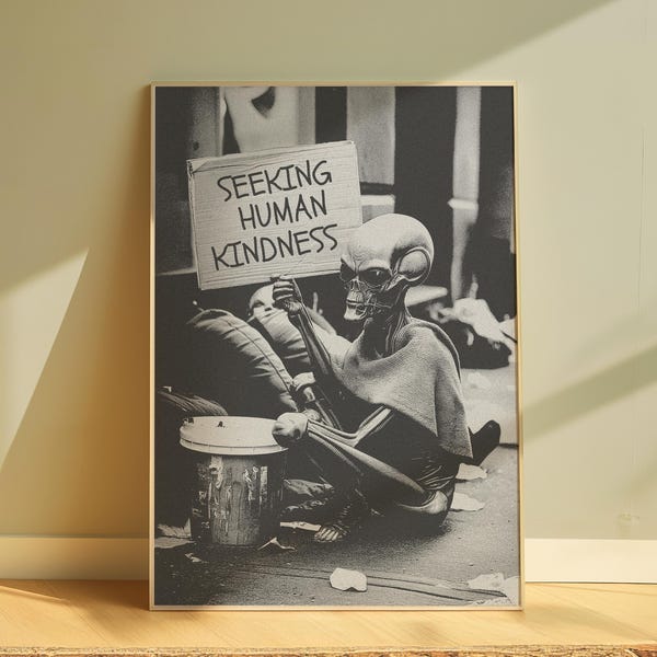 Lámina artística extraterrestre "Buscando la bondad humana", decoración de pared retro (descarga digital)