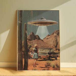 May include: A retro-style illustration of a woman in a desert landscape, standing near a vintage car with a flying saucer hovering overhead. The woman is wearing a blue dress and white shoes. The car is black and has a white interior. The desert landscape is brown and rocky. The flying saucer is silver and has a bright light shining from its underside.
