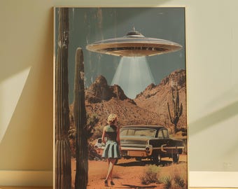 Póster de OVNI, arte de pared, decoración de pared retro, póster de ciencia ficción, OVNI, extraterrestre, arte de pared del desierto, impresión de pared imprimible femenina, decoración de habitación estética, impresión digital