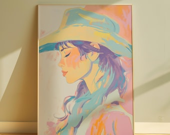 Impression de peinture de cow-girl dessinée à la main : oeuvre d'art pour mur occidental (téléchargement numérique)