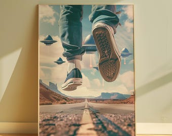 UFO Poster Retro UFO Wall Art Alien Abduction Surreal Art Print Sci Fi Poster Alien Wall Decor For Office Retro Poster Aesthetic Printable