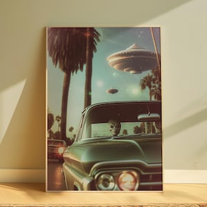 Póster de OVNI retro, arte de pared, póster extraterrestre, decoración de pared surrealista, póster retro para decoración de pared de oficina, impresión de póster de OVNI, impresión estética de coche retro, arte de pared