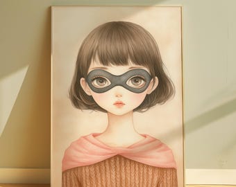 手描きのスーパーヒーローガール ハロウィンプリント、ガーリーな子供部屋アート（デジタルダウンロード）