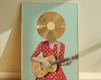 Surreal Guitarist Wall Art, Vintage Vinyl Record Head Portrait, Quirky Music Poster, Eclectic Boho Decor, Music Lover Gift, Retro Art Print