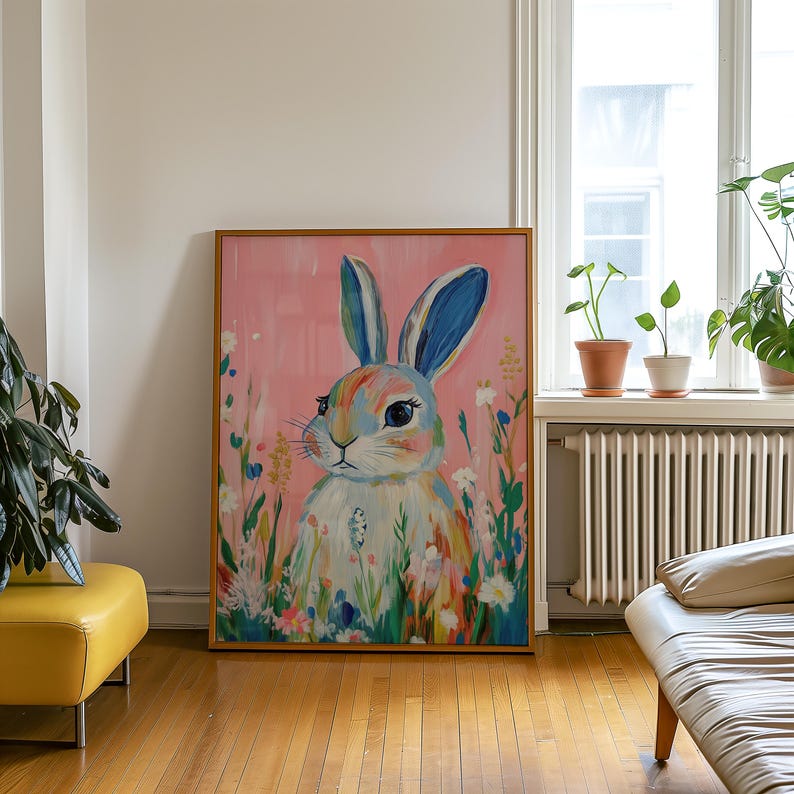 May include: A framed painting of a colorful rabbit with blue ears, surrounded by flowers on a pink background.