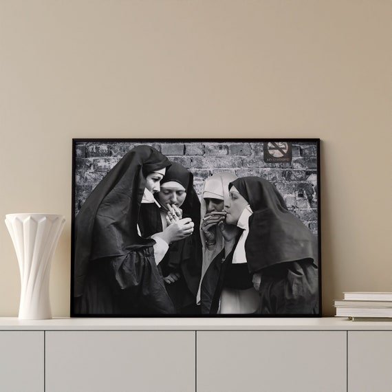 Nuns Poster, Black and White Art, Vintage Wall Art, Funny Wall Art, Printable Photo Decor, Cigarette Vintage Decor, Digital Download