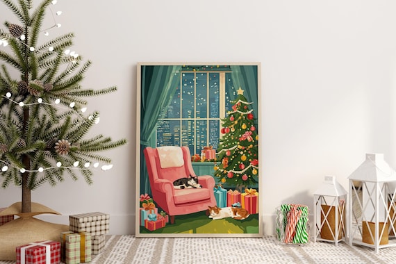 Christmas Wall Poster Winter Poster Cat Print Christmas Gift Wall Decor For Christmas Cat Lover Gift Holiday Poster Trendy Christmas Art