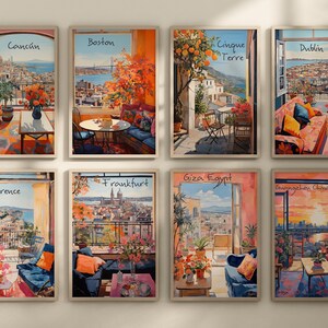 May include: Eight framed art prints featuring cityscapes from around the world. Each print depicts a view from a balcony or window, with the city name at the top. Cities include Canc&uacute;n, Boston, Cinque Terre, Dublin, Florence, Frankfurt, Giza Egypt, and Guangzhou China.