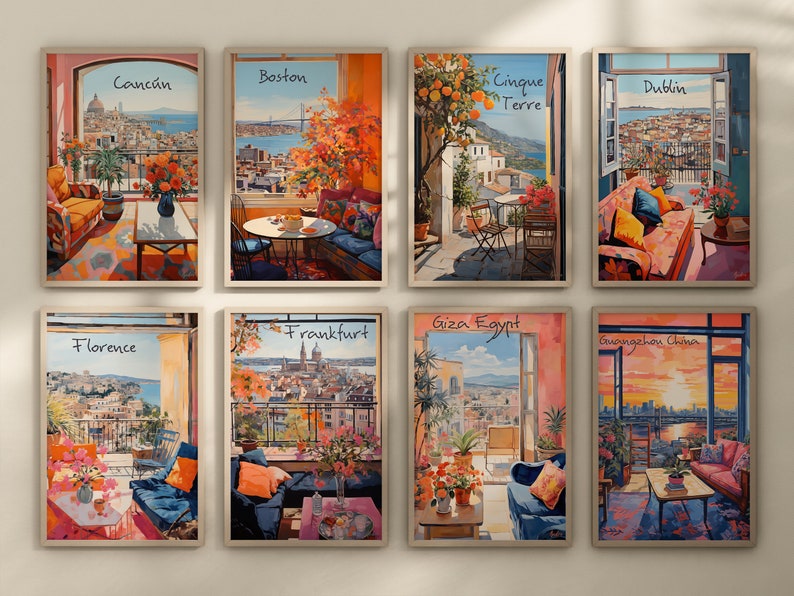 May include: Eight framed art prints featuring cityscapes from around the world. Each print depicts a view from a balcony or window, with the city name at the top. Cities include Canc&uacute;n, Boston, Cinque Terre, Dublin, Florence, Frankfurt, Giza Egypt, and Guangzhou China.