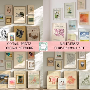 May include: A collection of 100 wall prints featuring Bible verses and Christian artwork in various styles, including floral, landscape, and abstract designs. The prints are displayed in multiple arrangements with text overlays reading 100 WALL PRINTS ORIGINAL ARTWORK and BIBLE VERSES CHRISTIAN WALL ART.