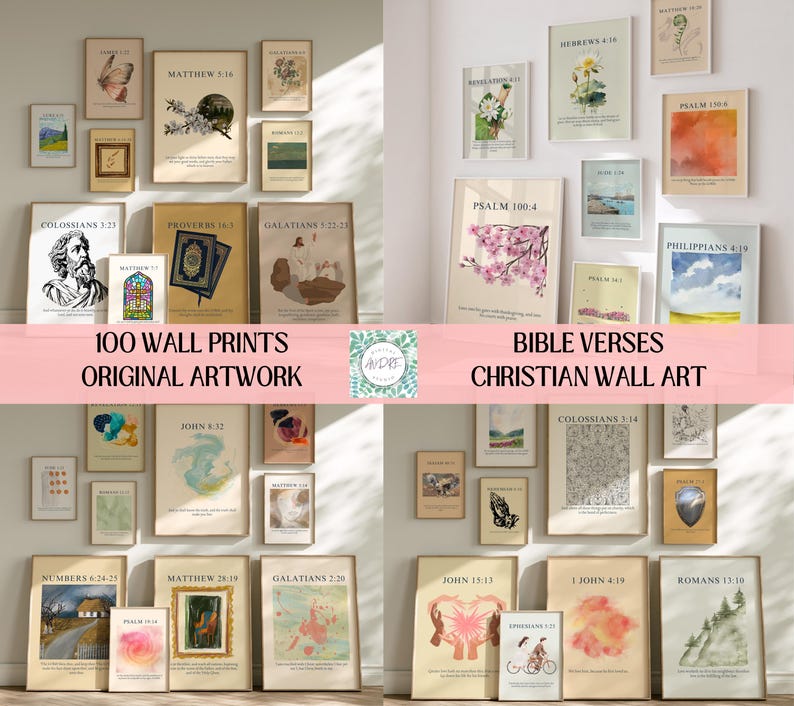 May include: A collection of 100 wall prints featuring Bible verses and Christian artwork in various styles, including floral, landscape, and abstract designs. The prints are displayed in multiple arrangements with text overlays reading 100 WALL PRINTS ORIGINAL ARTWORK and BIBLE VERSES CHRISTIAN WALL ART.
