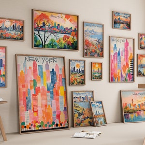 Poster di viaggio vintage Arte murale Città degli Stati Uniti Stampe Dipinti di paesaggi urbani Opere d'arte originali Stampe di viaggio Set di 100 dipinti di viaggio Arte della città