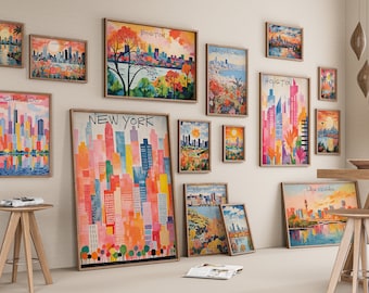 Vintage Travel Posters Wall Art USA Cities Prints Cityscape Painting Original Artwork Travel Prints Set Of 100 Travel Paintings City Art