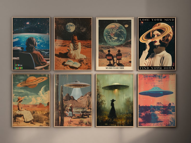 May include: A collection of eight framed vintage-style posters with a retro space and sci-fi theme. The posters feature images of planets, UFOs, and figures in surreal landscapes. Some posters include text such as "LOSE YOUR MIND, FIND YOUR SOUL."