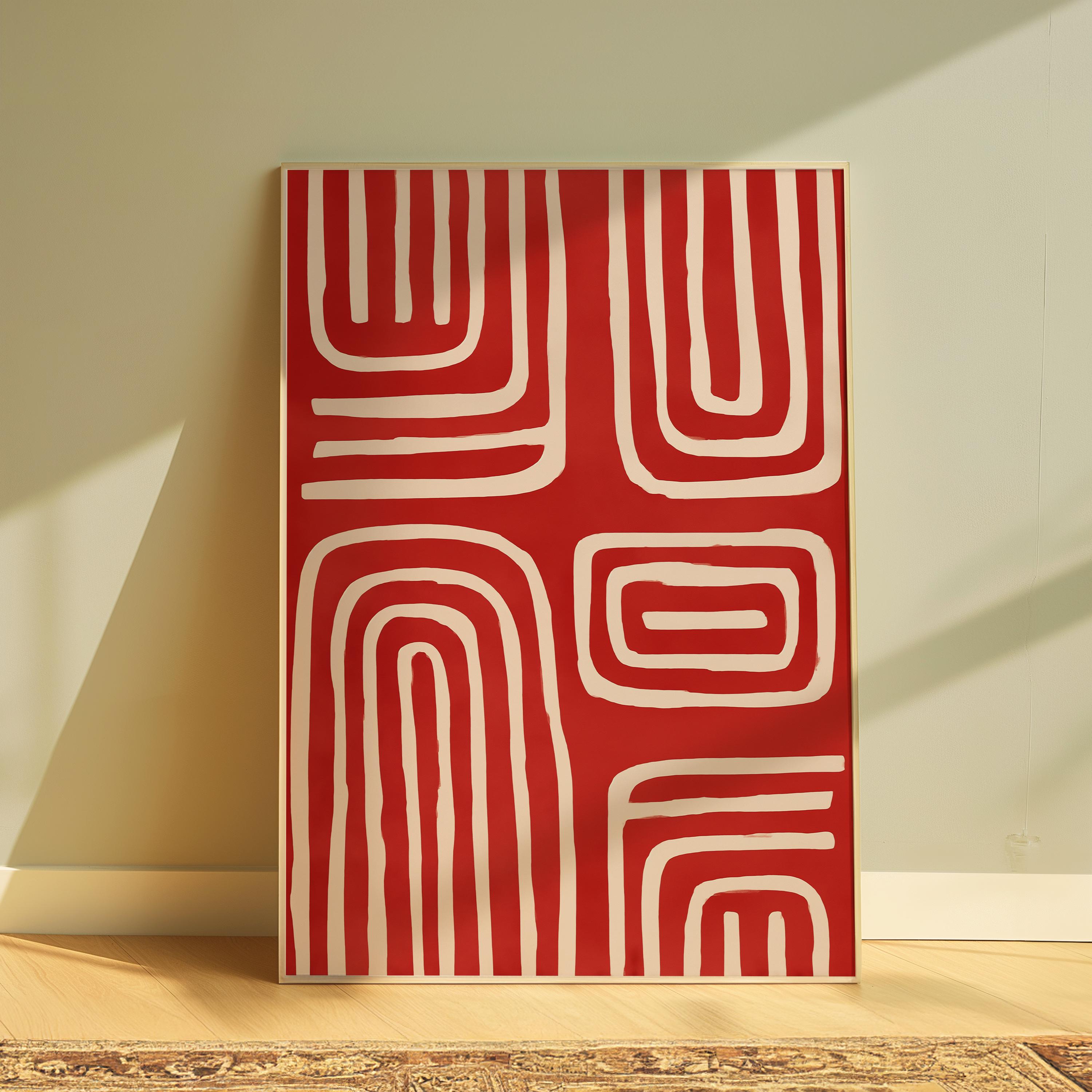 Bold Red Abstract Line Art Print Mid-century Modern Wall Decor for ...