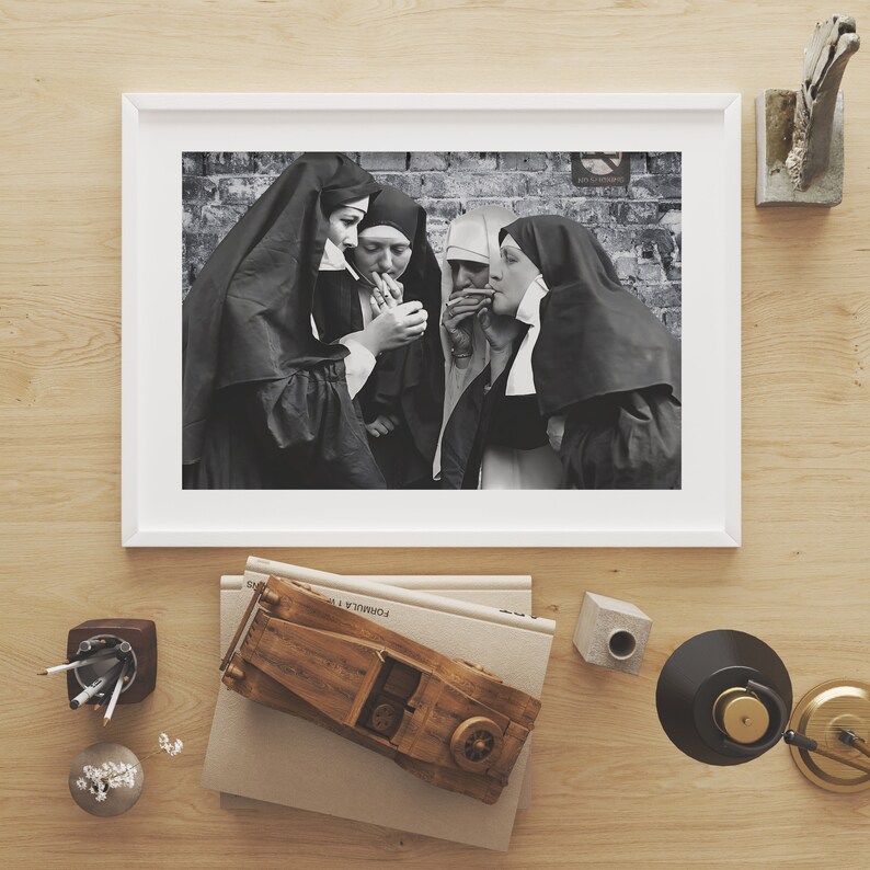 Nuns Poster, Black and White Art, Vintage Wall Art, Funny Wall Art, Printable Photo Decor, Cigarette Vintage Decor, Digital Download image 5