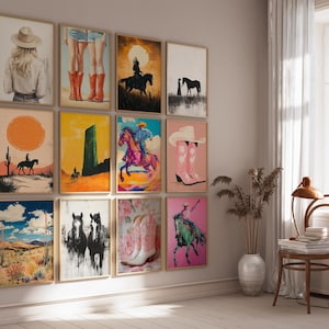 May include: A gallery wall with 12 framed prints featuring a variety of western-themed imagery, including cowboys, horses, boots, and landscapes. The prints are arranged in a grid pattern on a light beige wall.