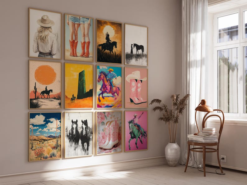 May include: A gallery wall with 12 framed prints featuring a variety of western-themed imagery, including cowboys, horses, boots, and landscapes. The prints are arranged in a grid pattern on a light beige wall.