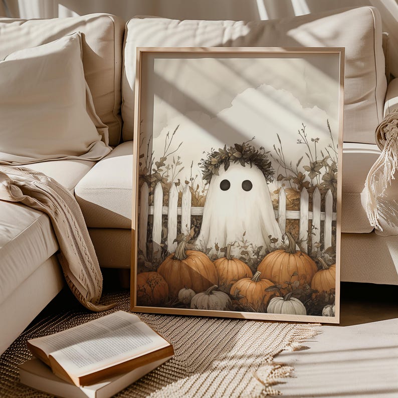 Cute Ghost Wall Art Halloween Poster Ghost Print Pumpkin Wall Art Trendy Halloween Painting Aesthetic Halloween Printable Wall Decor image 2
