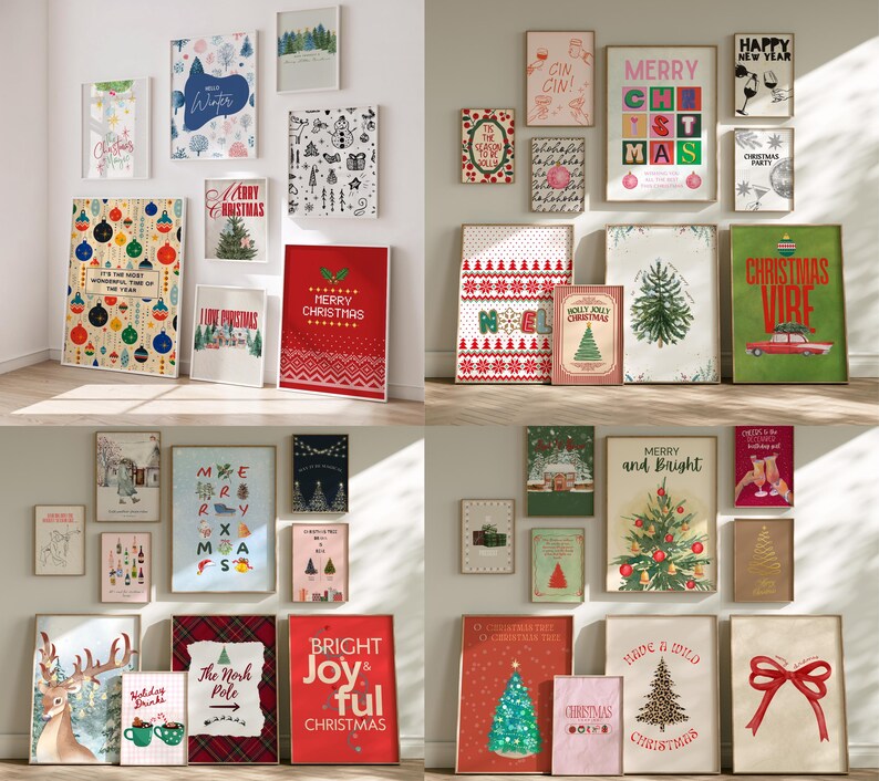 May include: A collection of framed Christmas-themed art prints displayed on a white wall. The prints feature festive designs like Christmas trees, ornaments, and holiday greetings in various styles and colors, creating a seasonal gallery.