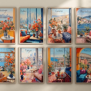 May include: Set of eight framed art prints featuring watercolor illustrations of city views from balconies. Each print showcases a different city, including Chicago, Dubai, Cairo, and Portofino, with vibrant floral arrangements.