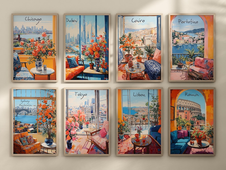 May include: Set of eight framed art prints featuring watercolor illustrations of city views from balconies. Each print showcases a different city, including Chicago, Dubai, Cairo, and Portofino, with vibrant floral arrangements.