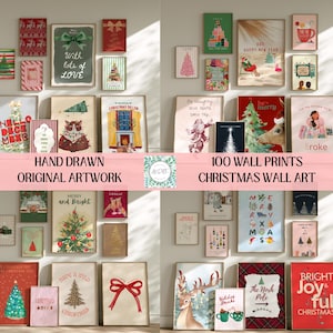 May include: A collection of 100 digital wall art prints featuring various Christmas-themed illustrations, including decorated trees, Santa Claus, reindeer, festive text, and holiday motifs in red, green, and neutral tones displayed on a wall.