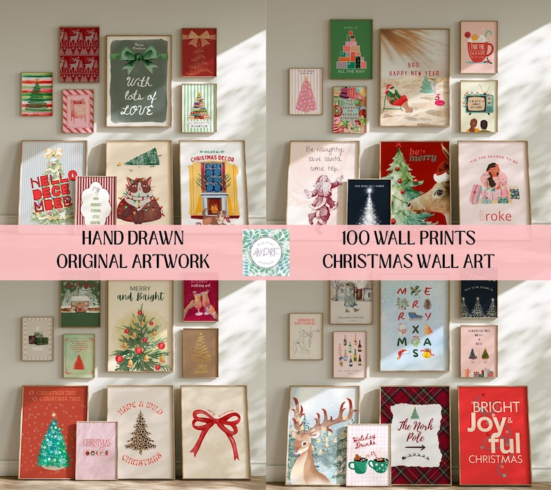 May include: A collection of 100 digital wall art prints featuring various Christmas-themed illustrations, including decorated trees, Santa Claus, reindeer, festive text, and holiday motifs in red, green, and neutral tones displayed on a wall.