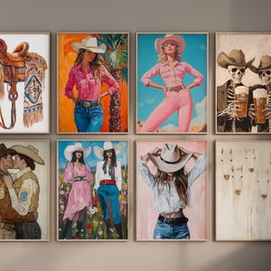 May include: A set of nine framed art prints featuring various subjects, including a cowboy saddle, a woman in a cowboy hat, and a pair of skeletons drinking beer. The prints are all in a rustic style and would look great in a western-themed home.