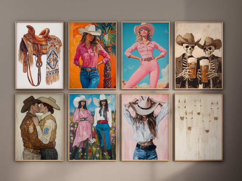 May include: A set of nine framed art prints featuring various subjects, including a cowboy saddle, a woman in a cowboy hat, and a pair of skeletons drinking beer. The prints are all in a rustic style and would look great in a western-themed home.