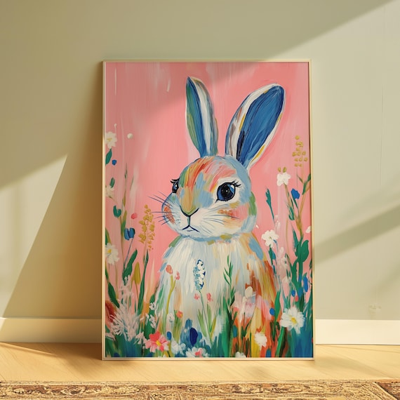 Easter Bunny Wall Art Printable Colorful Animal Print Aesthetic Spring Painting For Nursery Wall Print Easter Painting Botanical Animal Art