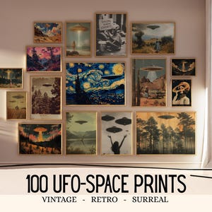 May include: A collection of framed art prints featuring vintage and retro UFO and space-themed imagery. The prints showcase various scenes, including landscapes with flying saucers and surreal artistic compositions. The text at the bottom reads "100 UFO-SPACE PRINTS".